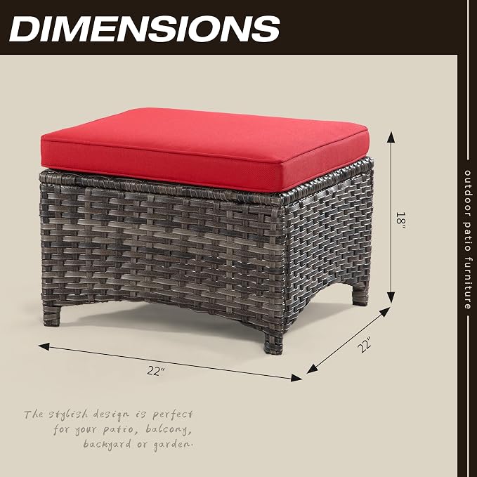 Outdoor Ottomans for Patio Set of 2 PE Wicker Steel Frame Outdoor Footstool - Image 2