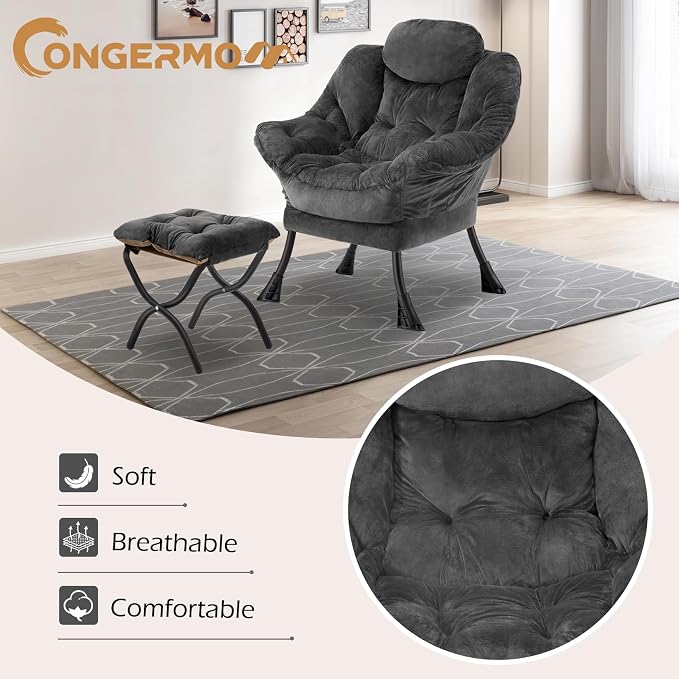 Lazy Chair with Folding Ottoman, Leisure Sofa Chair, Soft Fabric Armchair with - Image 4