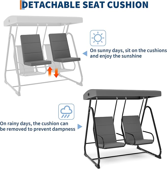 GarveeLife 2 Person Porch Swing Chair, Heavy Duty Outdoor Patio Swing Glider - Image 4