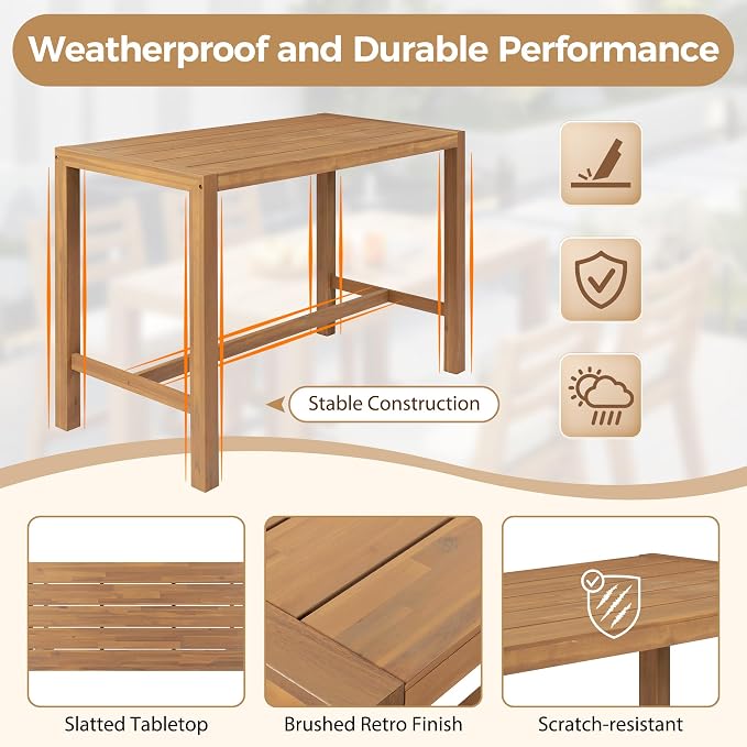 Merax 5-Piece Outdoor Patio Bar Set, Acacia Wood Bistro Table and Chairs - Image 3