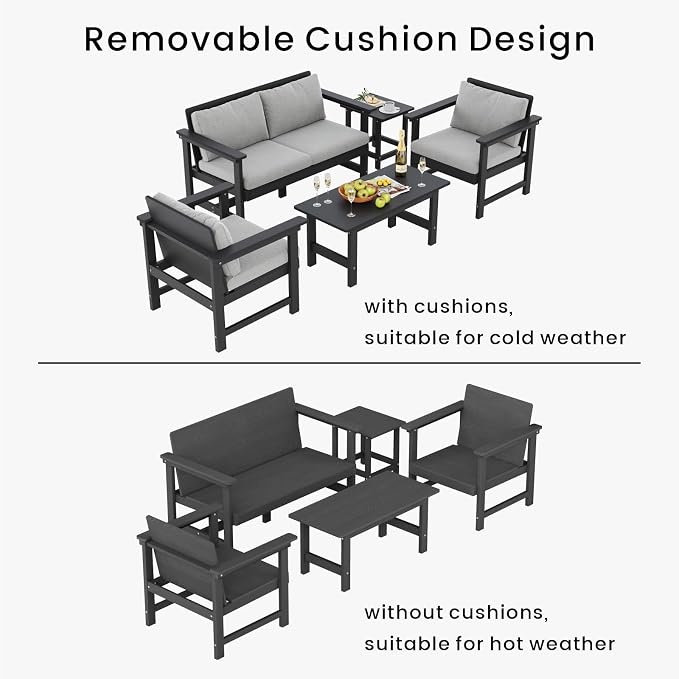 5-Piece Patio Conversation Sets, Weatherproof HDPE Sectional Furniture Set - Image 4