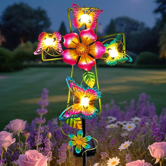 Solar Butterfly Cross Garden Stake Light, Metal Cross Cemetery Decorations by YJFWAL