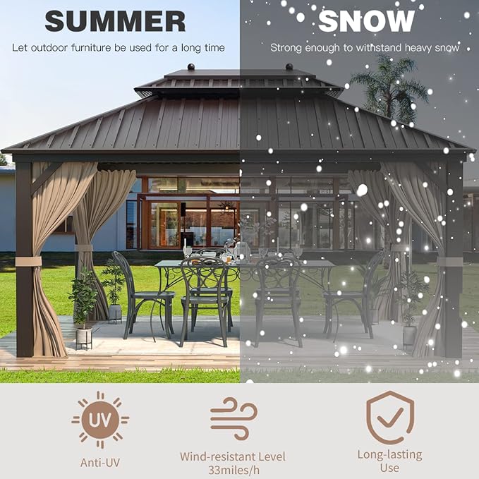 EROMMY 10'x13' Hardtop Gazebo Double Roof Galvanized Steel Canopy Outdoor - Image 8