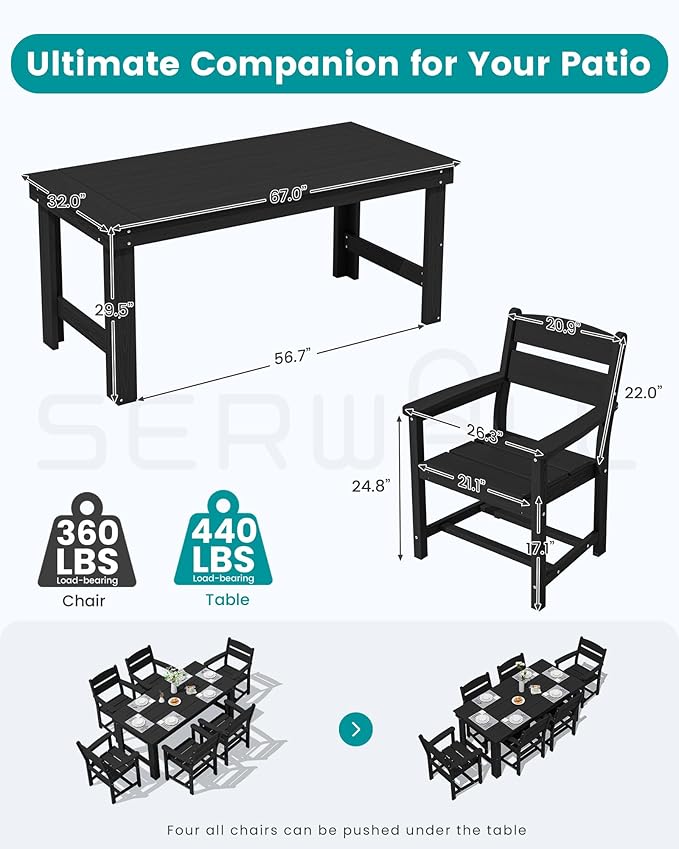 SERWALL Outdoor Dining Table Set, 67‘’ HDPE Patio Dining Set - Image 2