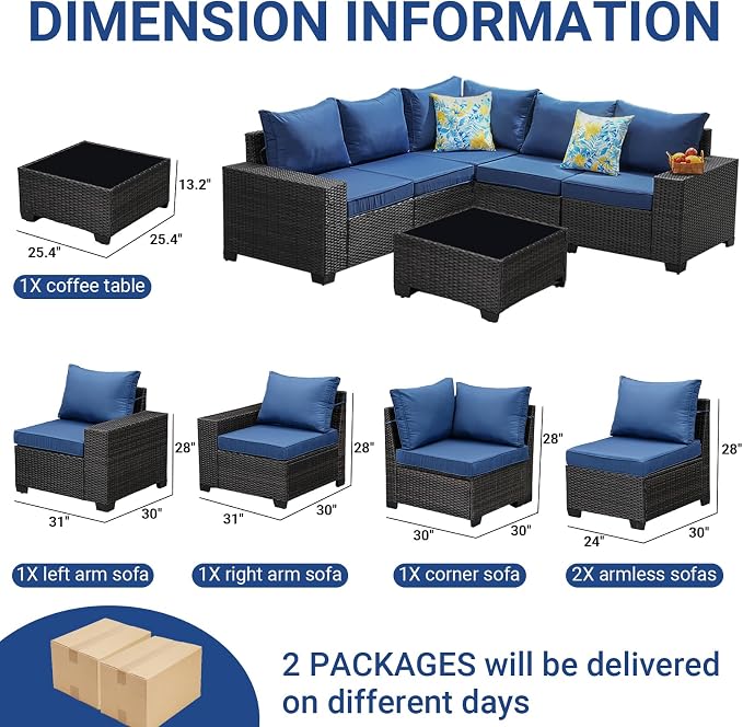 Jing's Villa 6-Piece Patio Furniture Set, All-Weather Outdoor Wicker Sectional - Image 7