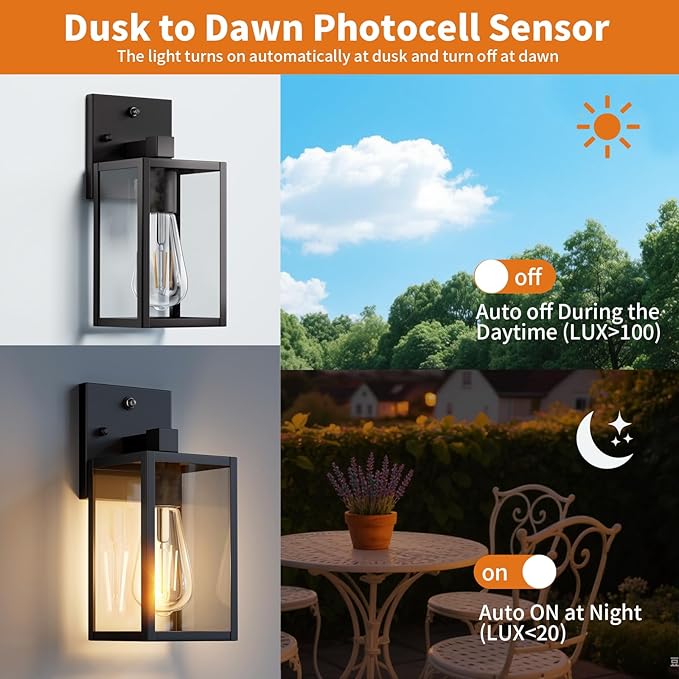 2 Pack Dusk to Dawn Exterior Lighting Fixtures Wall Mount, Sensor Outside Front - Image 2