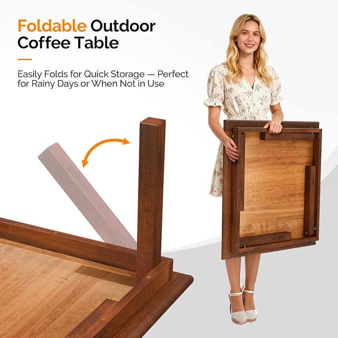 VINGLI Outdoor Folding Coffee Table, Natural Poplar Wood Patio Coffee Table - Image 4