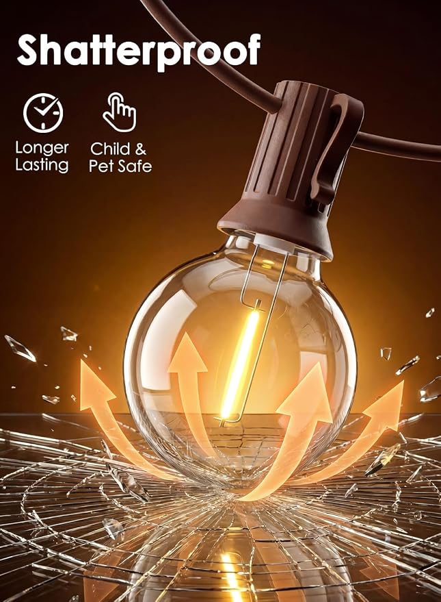 SUNSGNE 25FT Brown Outdoor String Lights, Shatterproof LED Globe String Lights - Image 3