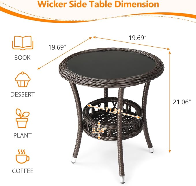 VINGLI Outdoor Wicker Side Table, Patio Side Tables - Image 3