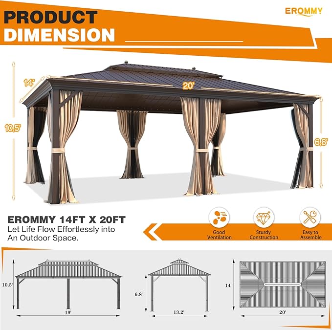 EROMMY 14'x20' Hardtop Gazebo Double Roof Galvanized Steel Canopy Outdoor - Image 2