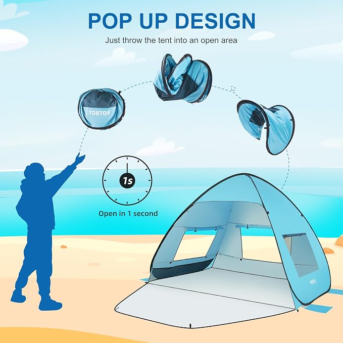 TOBTOS UPF 50+ Pop Up Beach Tent, Easy Set Up Beach Umbrella, Sun Shelter - Image 5