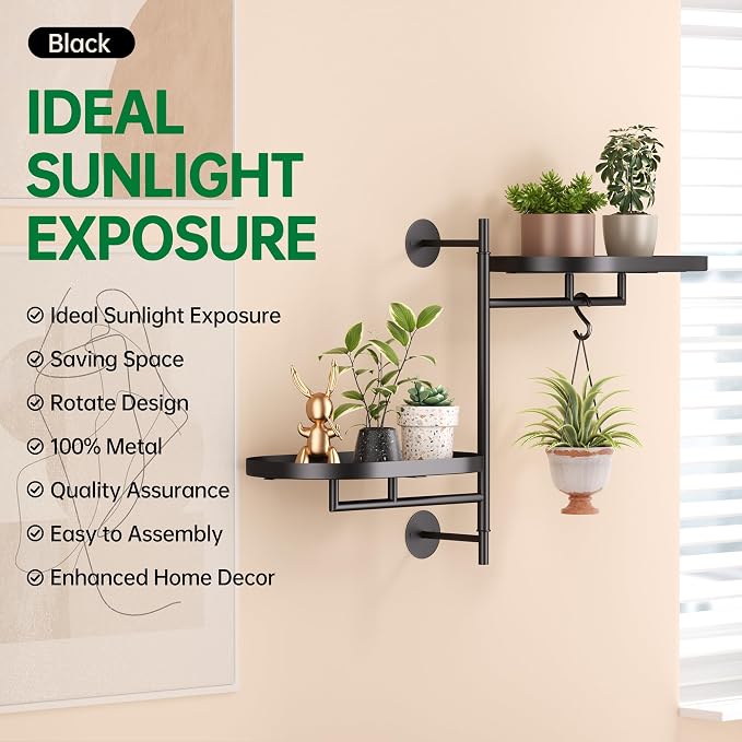 Rotating Window Shelves for Multiple Plants Indoor, 2-tier Metal Corner Black - Image 2