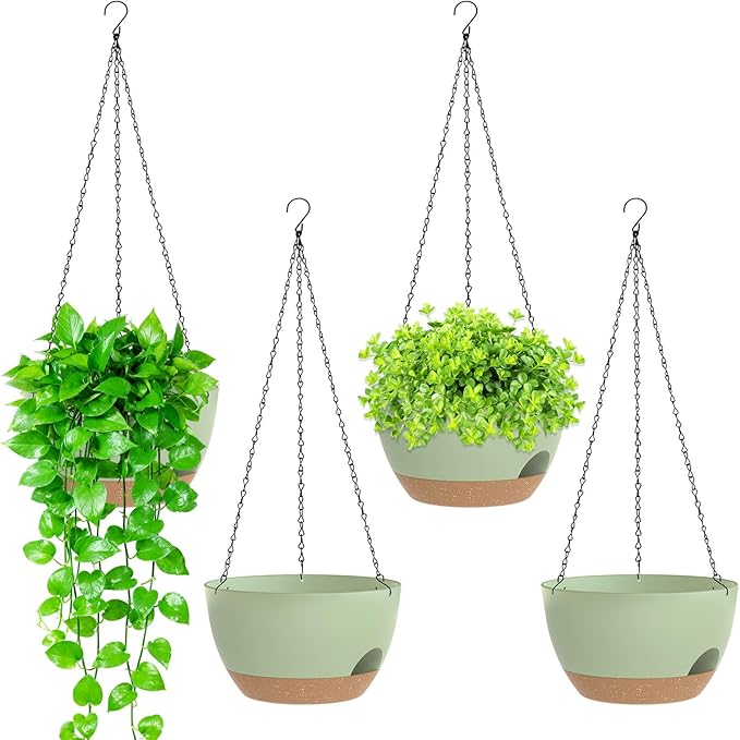 8 Inch Hanging Planters for Indoor Outdoor Plants, 4 Pack Green Brown Plastic by SQKH