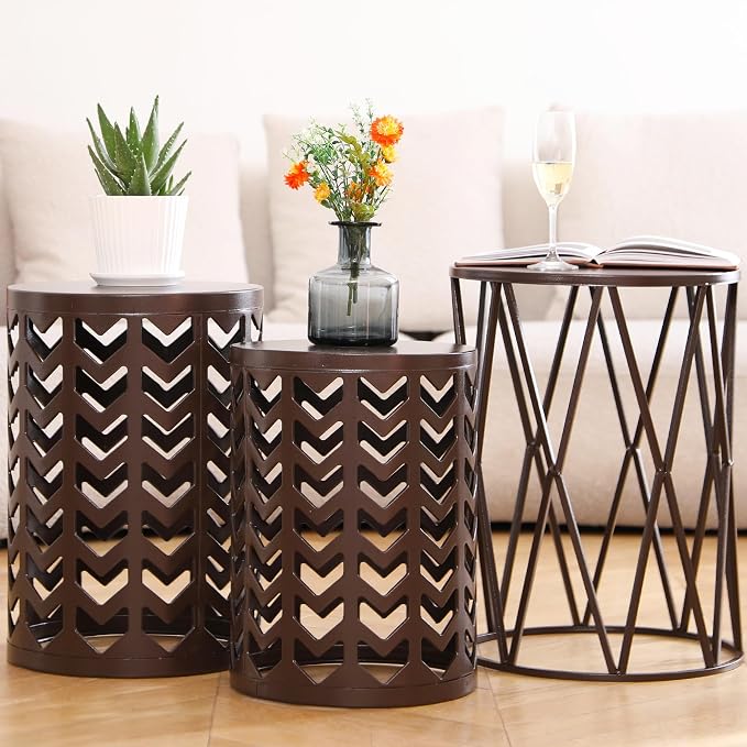 HFHOME Round Nesting Coffee Tables, Heavy Duty Metal Stacking Side Tables - Image 2
