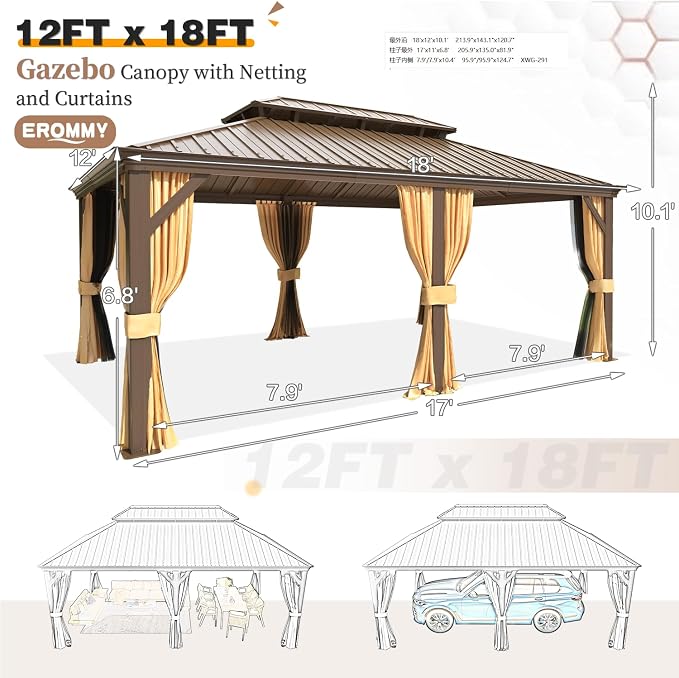EROMMY 12'x18' Hardtop Gazebo, Galvanized Steel Double Roof Metal Gazebos - Image 3