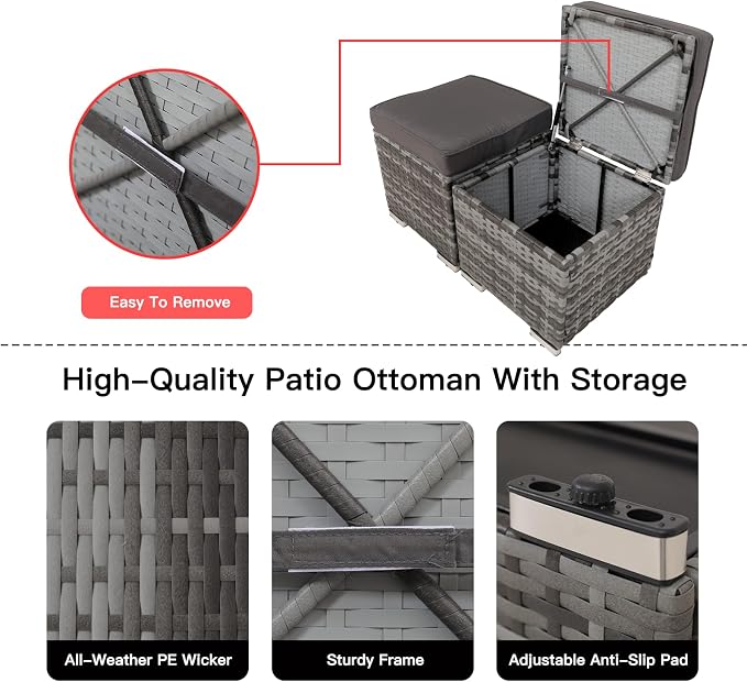2-Pieces Patio Rattan Ottomans，All-Weather Rattan Wicker Multipurpose Outdoor - Image 5