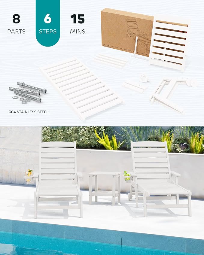 SERWALL Patio Chaise Lounge Chair Set of 2, Poly Lounge Chair - Image 7