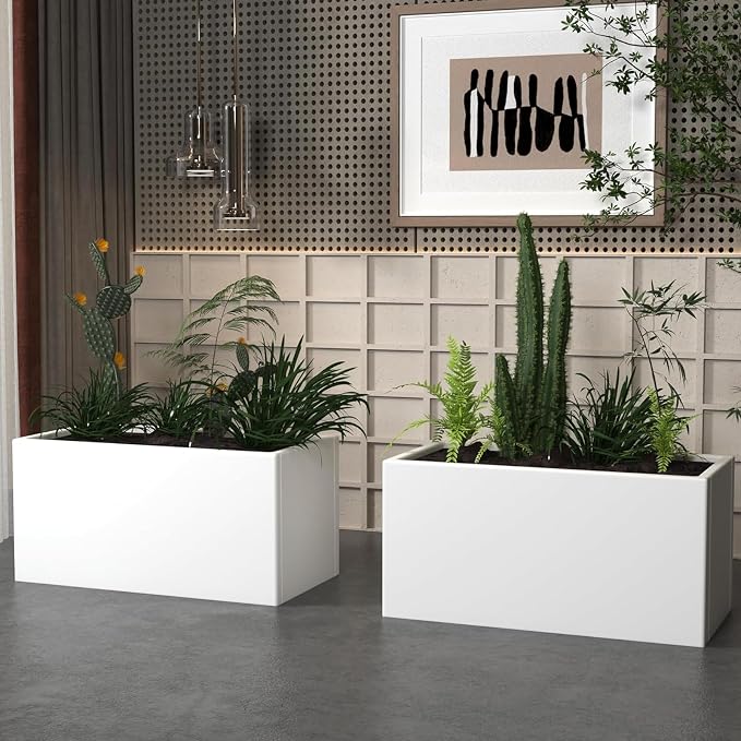 White Steel Planter Rectangular Outdoor Indoor Planter Box Galvanized Steel - Image 3