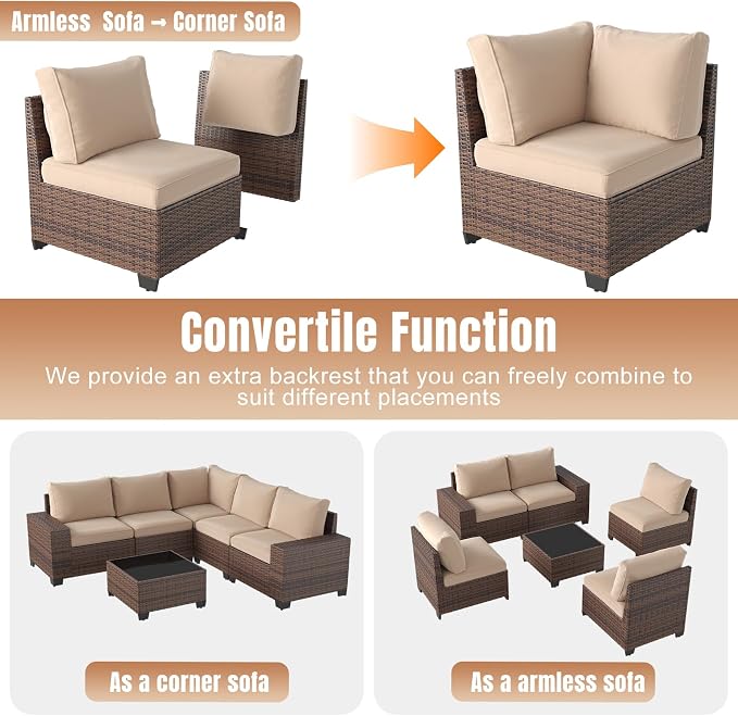 Aoxun 6 Pieces Patio Furniture Set Wicker Rattan Outdoor Sectional Conversation - Image 5