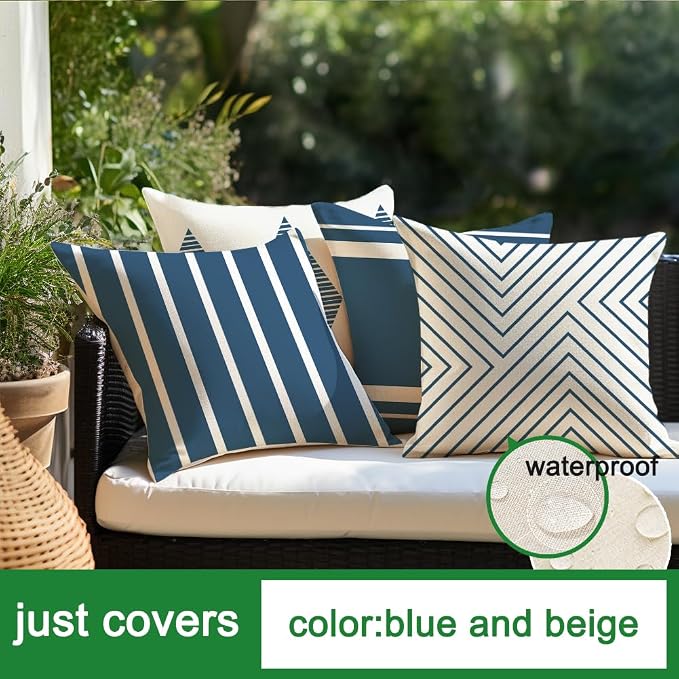 RABUSOFA Outdoor Pillows Waterproof, 18x18 inch Blue and White Boho Set of 4 - Image 5