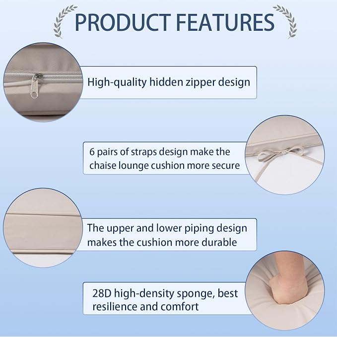 Outdoor Chaise Lounge Cushions Set of 2, Waterproof Fade Resistant Patio - Image 3