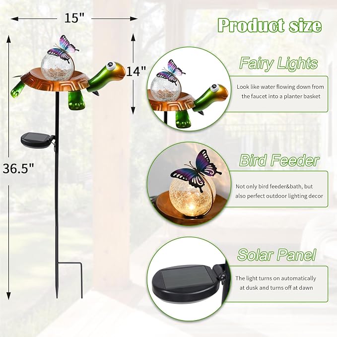 Afirst Solar Lights Outdoor Decorative Metal Turtle Crackle Glass Globe - Image 2