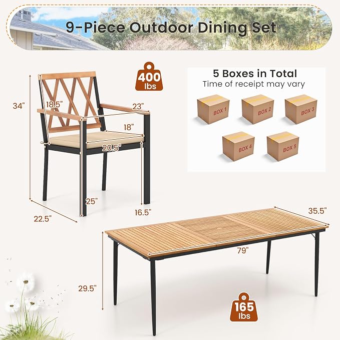Tangkula 9-Piece Patio Dining Set, Outdoor Acacia Wood Dining Table - Image 4