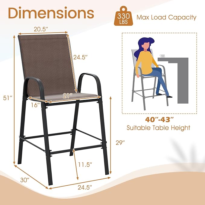 Tangkula Outdoor Bar Stools Set of 4, Enlarged Seat & Metal Frame, Tall Patio - Image 3