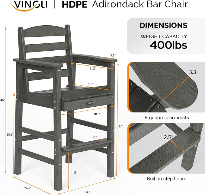 VINGLI Outdoor Bar Stools Set of 2, HDPE All-Weather Patio Bar Height Chairs - Image 3