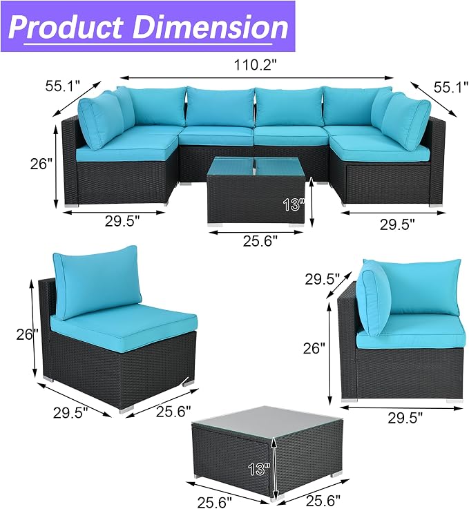 7 Piece Outdoor Patio Furniture Sets, Turquoise Patio Sectional Furniture - Image 6