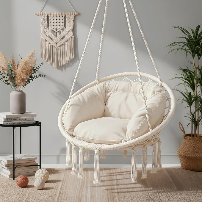 Monibloom Hanging Hammock Chair w/Large Comfy Cushion, Macrame Swing Chair - Image 3