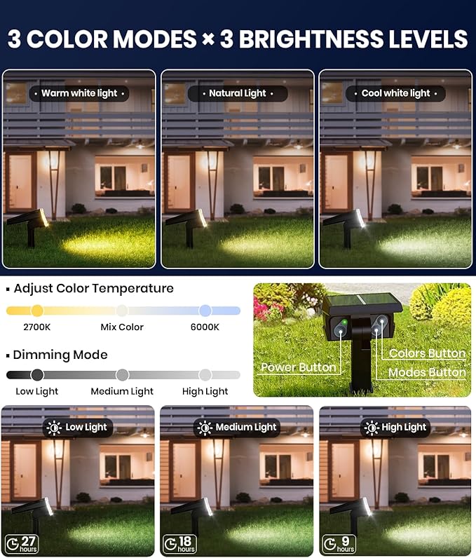 8-Pack Solar Spot Lights Outdoor Waterproof IP67, 3 Color Modes & 3 Lighting - Image 2