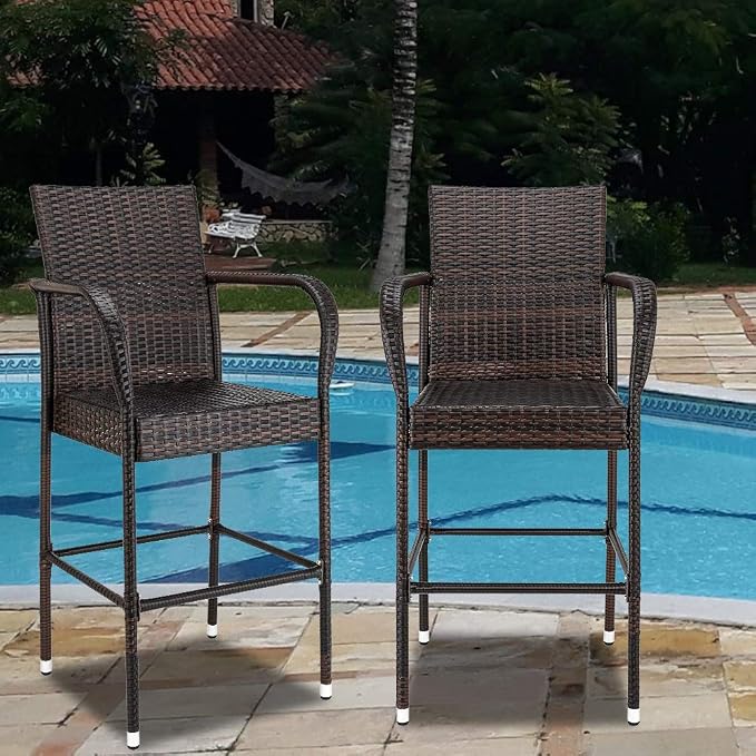 VINGLI Wicker Bar Stools Outdoor Set of 2, Outdoor Bar Height Chairs, Patio - Image 6