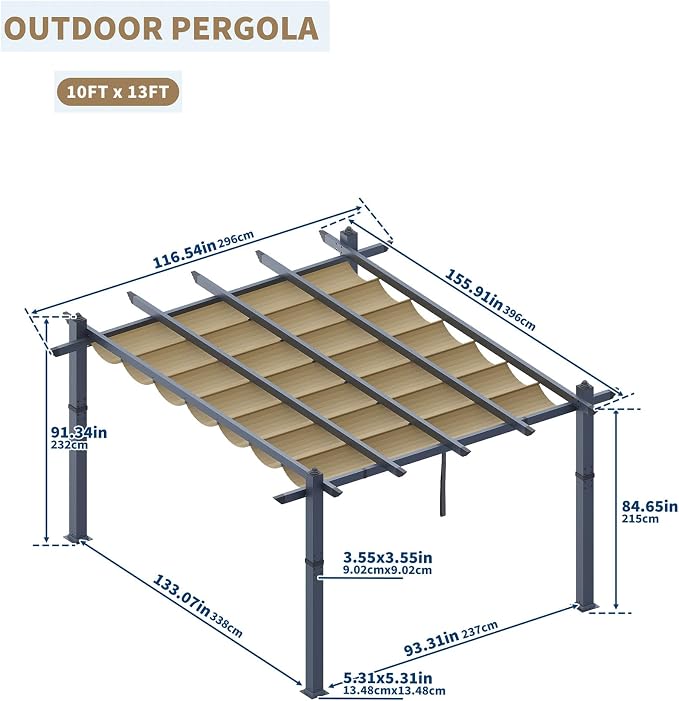 10x13 Ft Aluminum Pergola with Retractable Canopy Metal Gazebo - Image 3