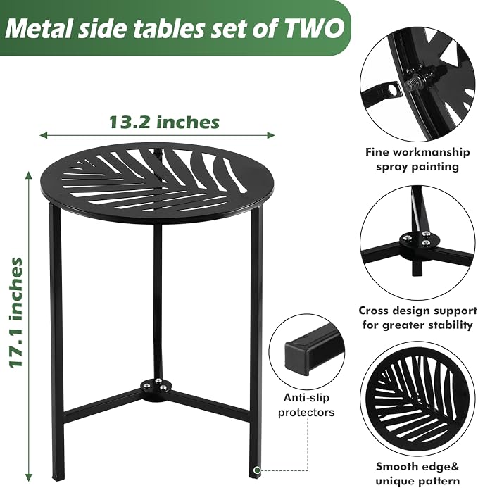 Party Zealot Set of 2 Small Round Metal Side Tables 13 Inches Black Outdoor End - Image 3
