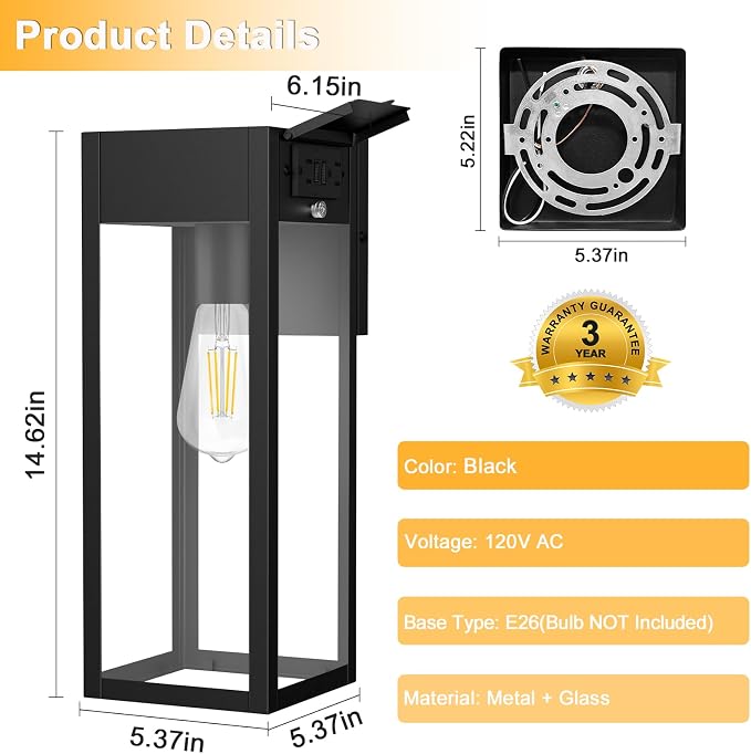 Large Porch Light with GFCI Outlet, 15 Inch Outdoor Light with Outlet Built-in - Image 4
