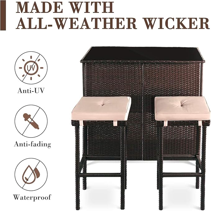 Outdoor Bar Set 3-Piece Brown Wicker Patio Furniture - Image 5