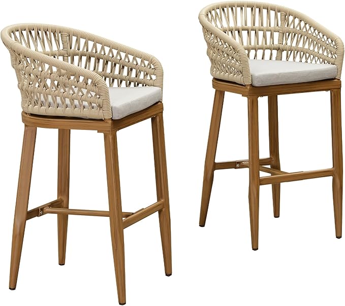PURPLE LEAF Outdoor Rattan 29" Bar Stools Set of 2, Modern Boho Aluminum Patio by PURPLELEAF