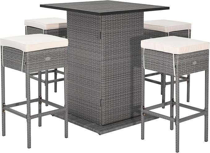 HAPPYGRILL 5 Pieces Outdoor Rattan Bar Set, Patio Wicker Bar Table and 4 Bar by HAPPYGRILL