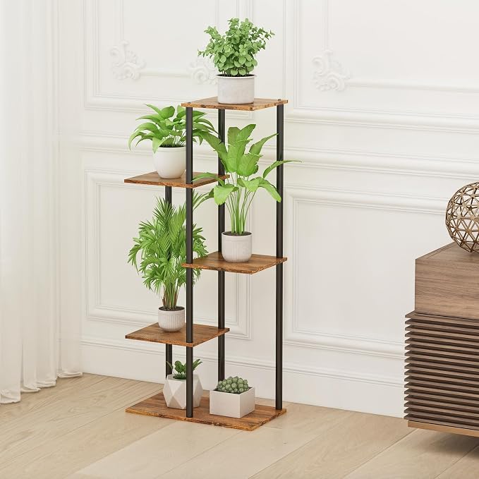 Plant Stand Indoor 5 Tier 6 Potted Metal Wood Plant Shelf, Rustic Brown - Image 4