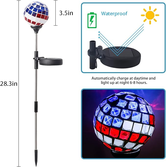 WNP Solar Powered Outdoor Garden Light Stakes Decoration, Mosaic Globe 4th of - Image 6