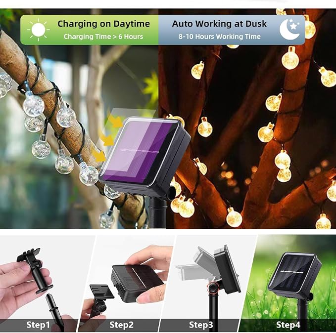 Solar String Lights Outdoor 2 Pack 200 Led 80FT Warm White Crystal Globe Lights - Image 3