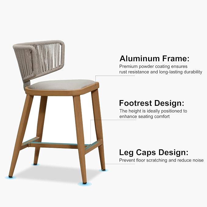 PURPLE LEAF Outdoor Counter Height Bar Stool Set of 2 Modern Rattan Bar Chairs - Image 7