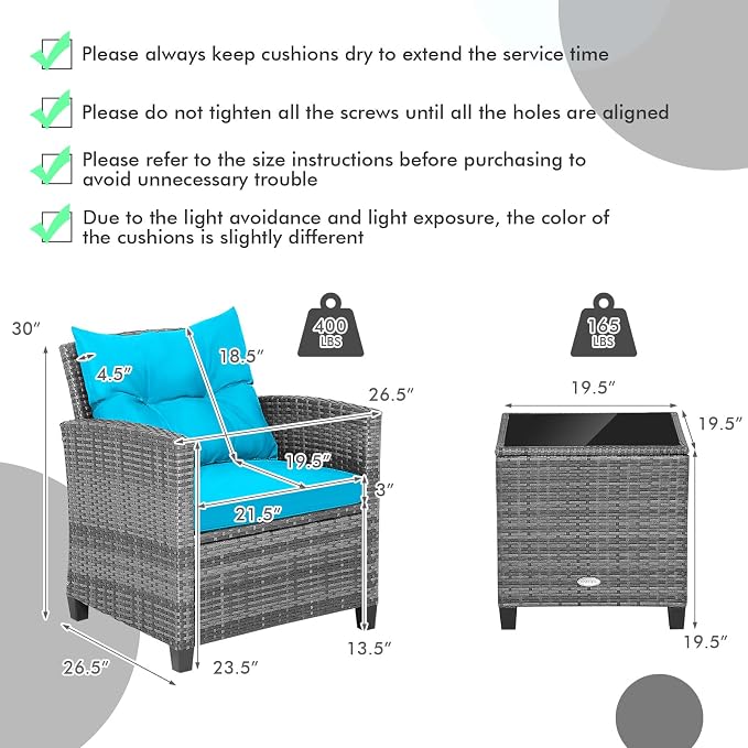 Tangkula 3 Pieces Patio Furniture Set, Outdoor PE Rattan Conversation Chair Set - Image 6