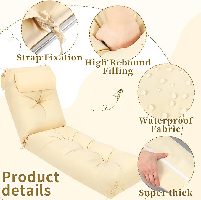 Wenqik Set of 2 Outdoor Chaise Lounge Cushions 76 x 22 x 6 Inch Waterproof - Image 2