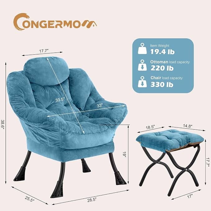 Lazy Chair with Folding Ottoman, Leisure Sofa Chair, Soft Fabric Armchair with - Image 3
