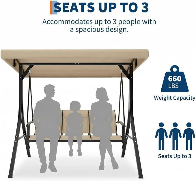 3-Seat Patio Swing Chair, Outdoor Porch Hanging Chairs - Image 7