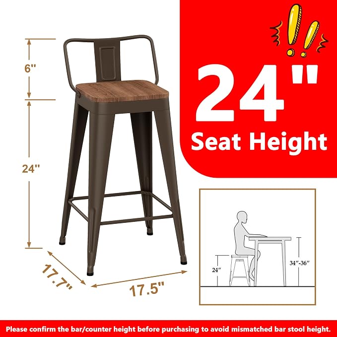 WENTMENT Industrial Rusty Bar Stools Set of 4, Wooden Seat, Removable Back - Image 2