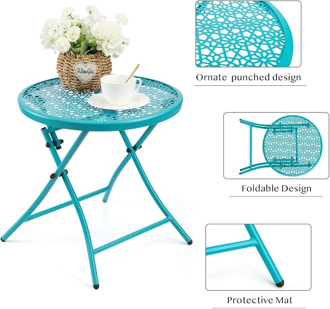 TeoKJ Folding Outdoor Side Tables, Anti Rust Small Patio Table Round Metal - Image 6