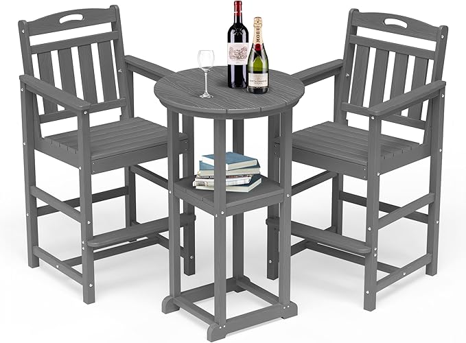 Outdoor Bistro Bar Set, Patio High Top Table and Bar Height Tall Adirondack by Suunyn